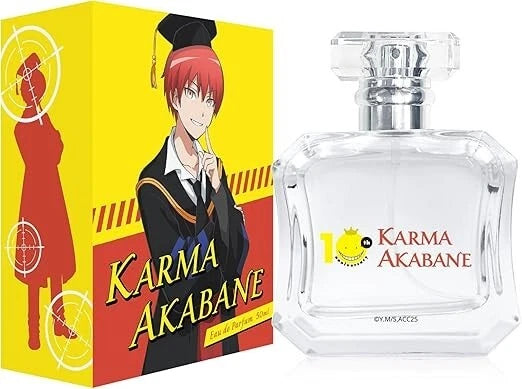 Clear glass Eau de Parfum bottle with silver cap and 'Karma Akabane' label