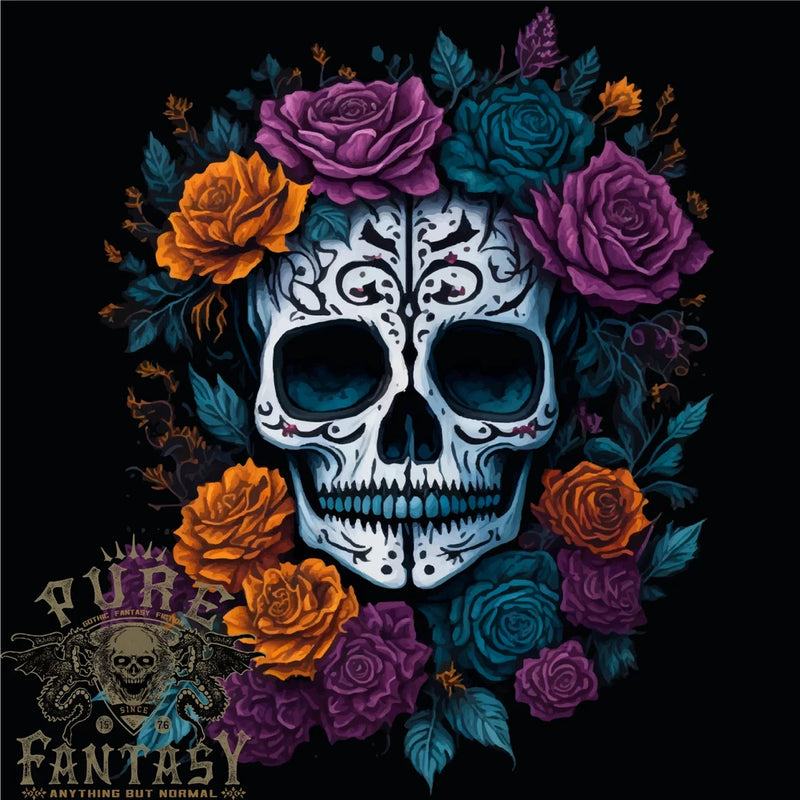 Men's black cotton T-shirt with white sugar skull face and colorful roses graphic