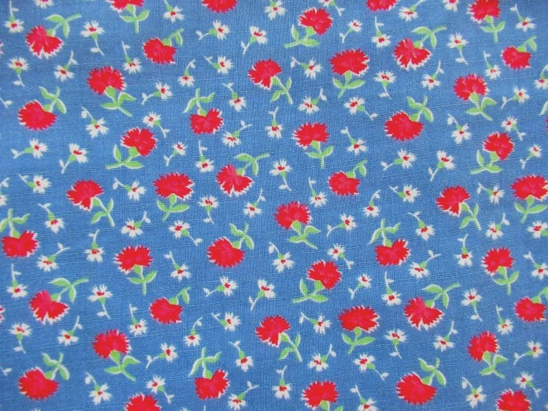 VTG 19X34 BLUE W RED CARNATION FLOWER COTTON FEED SACK FABRIC REMNANT QUILT Carnation