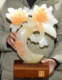 16.9''Chinese Jade Carved Fengshui Hollow out Peony Flower Statue Sculpture Peony