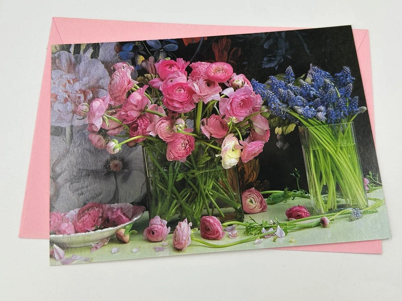 Pink Ranunculus Grape Hyacinth Floral Greeting Card w/ Envelope England Ranunculus