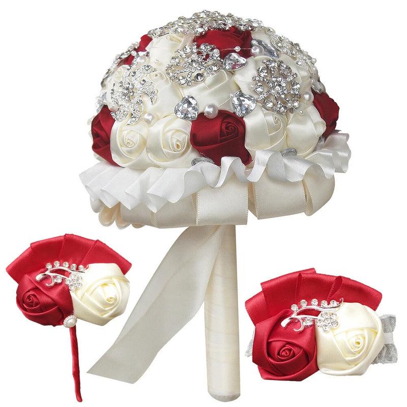 Luxury Crystals Artificial Satin Roses Wedding Bridal Bouquet Bride Hand Flowers Bouquet