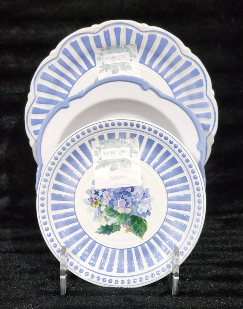 3pc Shabby Chic Floral Hydrangea Plates & Bowl Blue White Melamine Spring Summer Hydrangea