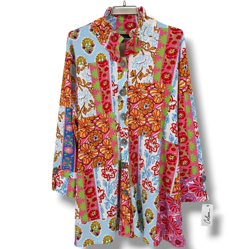 Plus size patchwork floral print shirt jacket with textured wire collar, multicolor