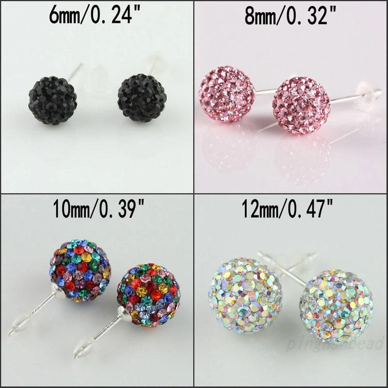 Round disco ball stud earrings in multiple colors, silver-toned posts, 6–12mm.