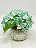 Mini 5.5" Artificial BLUE-GREEN HYDRANGEA faux Silk flower potted in Cream Dot C Hydrangea