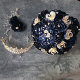 Mia 27 Flores Navy Blue & Cream Rose Bridal Bouquet with Rhinestone Tiara Bouquet