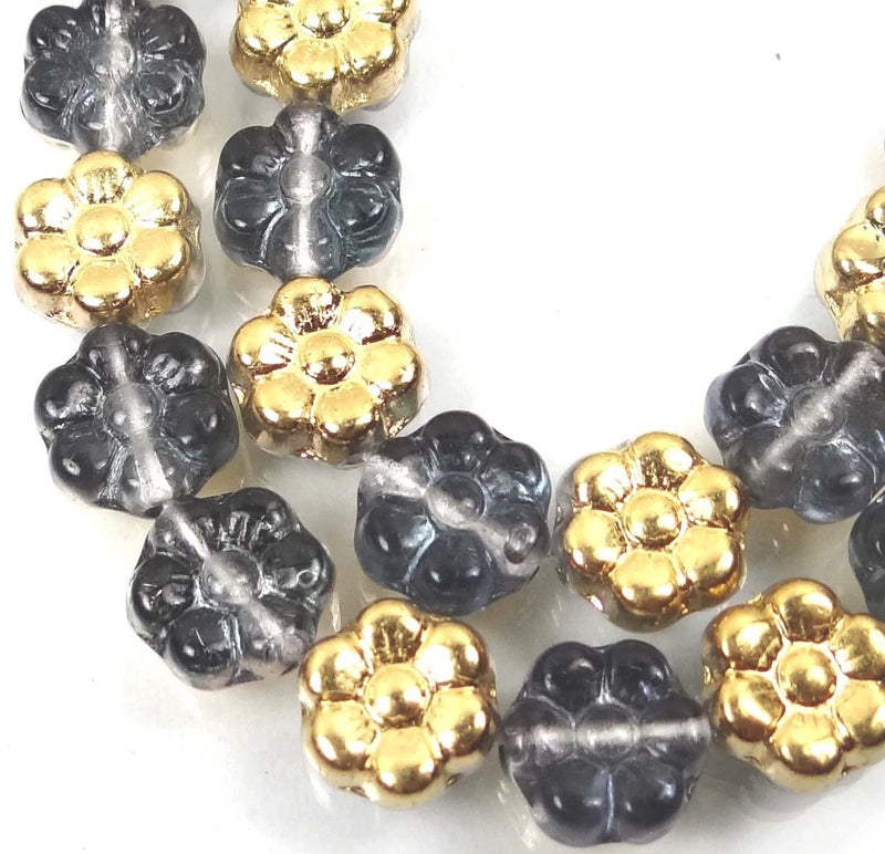 25 Czech Glass Daisy Flower Beads - Gold/Montana Blue 8mm Daisies