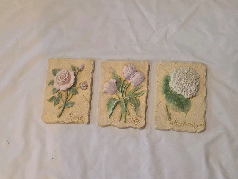 Set Of 3 Spring Flowers Wall Plaques Collection Rose Hydrangea Tulip Avon 2000 Hydrangea