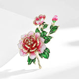 Women's Red Green Enamel Rhinestone Leaf Peony Flower Brooch Pin Peony