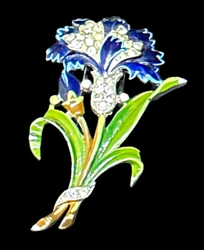 Trifari Carnation Enamel Rhinestone Dress Clip Brooch Vintage  Circa 1940s Carnation