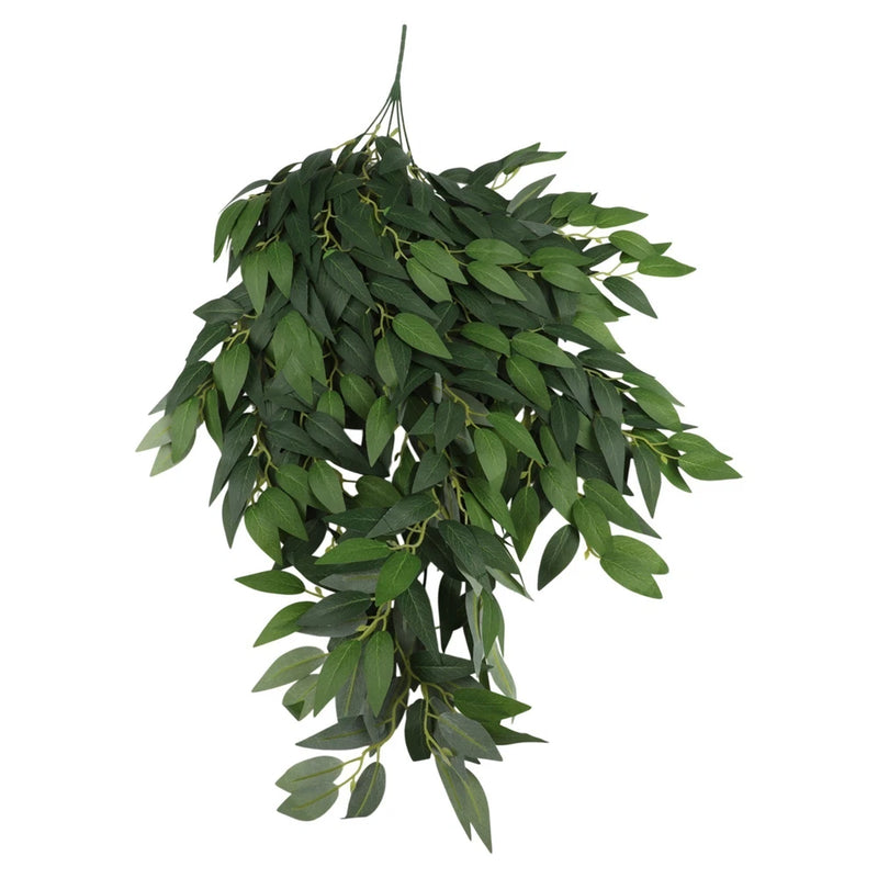 Artificial hanging leaf plant with dark green plastic leaves and flexible stem