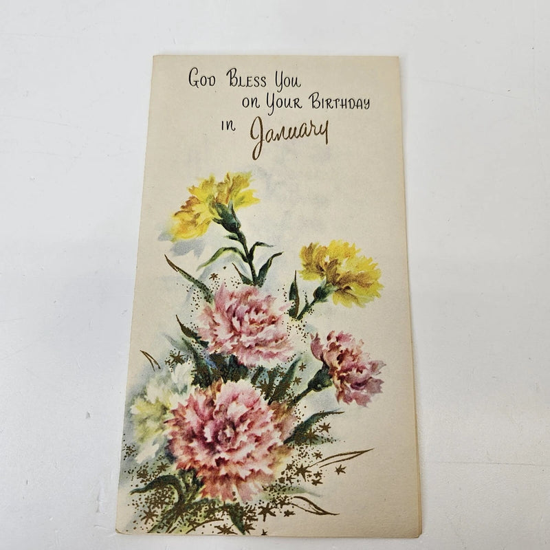 Vintage Sunshine Line January Birthday Greeting Card Carnation Flowers Unused Carnation