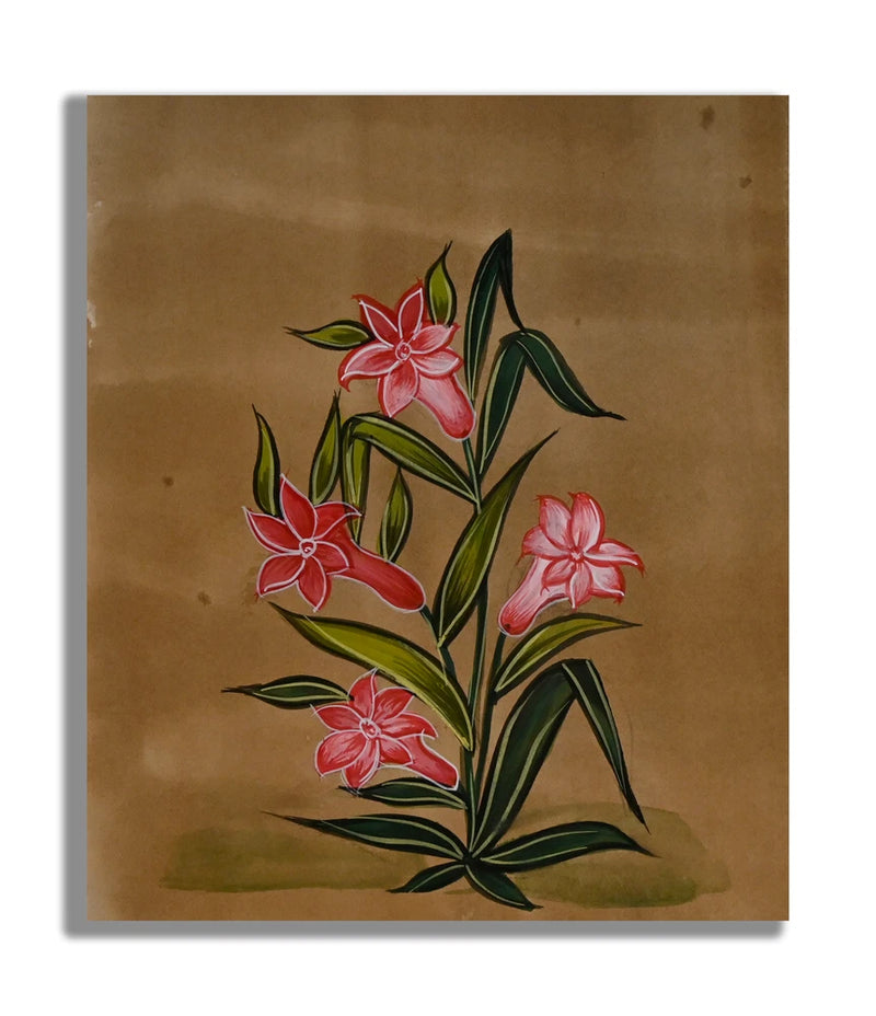 Handmade miniature floral painting of pink lily flowers with green leaves