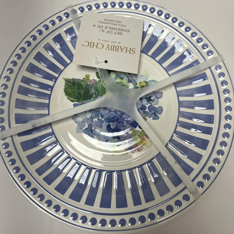 4 Shabby Chic Floral Hydrangea Blue SALAD Melamine Plates 9" Lilac Spring Summer Hydrangea