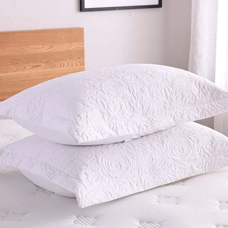 White embroidered pillow shams set, textured floral pattern, 2-pack