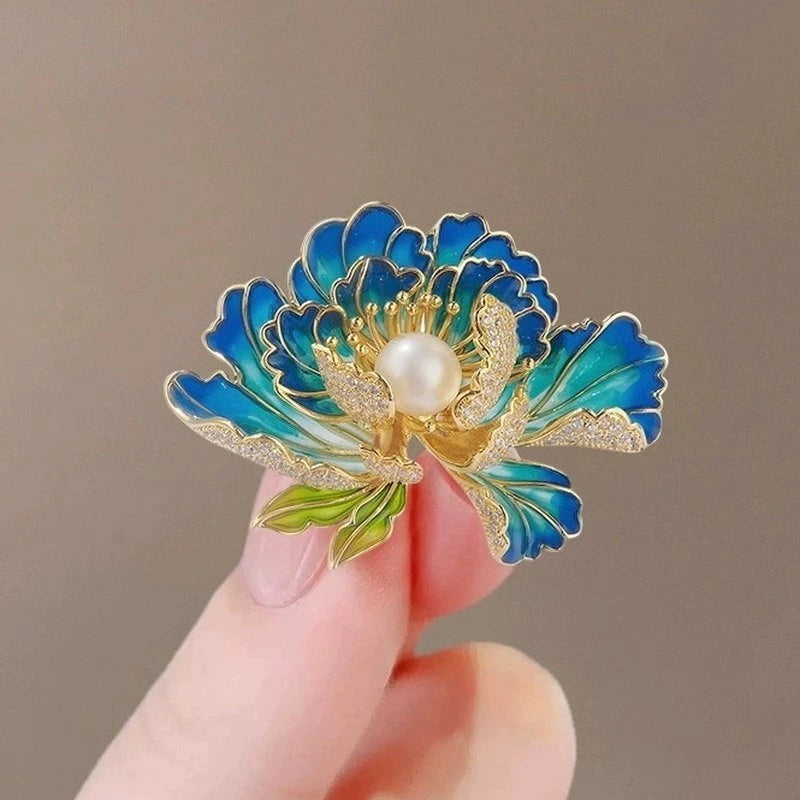 Fashion Crystal Pearl Peony Flower Brooch Pin Women Wedding Bouquet Jewelry Gift Peony