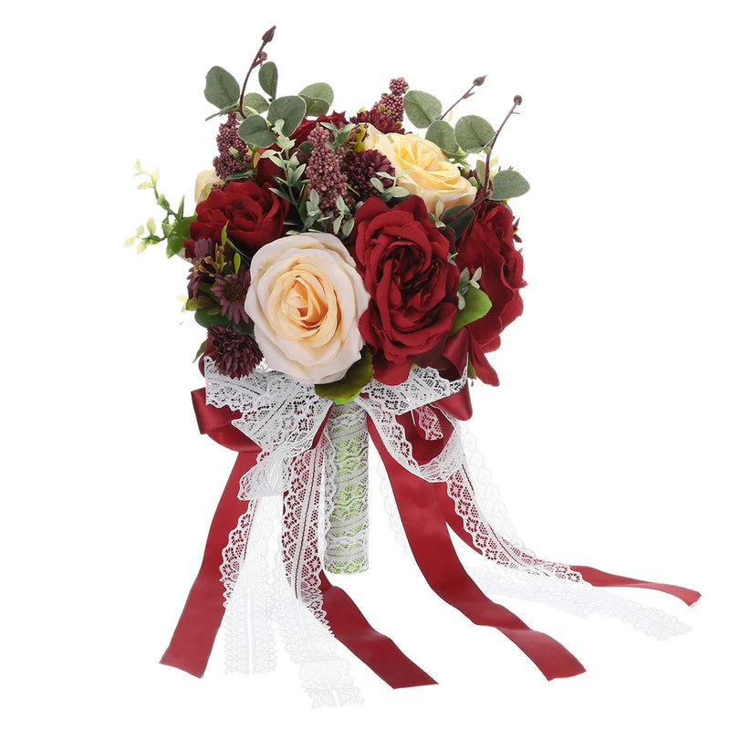 Artificial Bridal Bouquet Wedding Bouquets with Silk Ribbon Red Bouquet