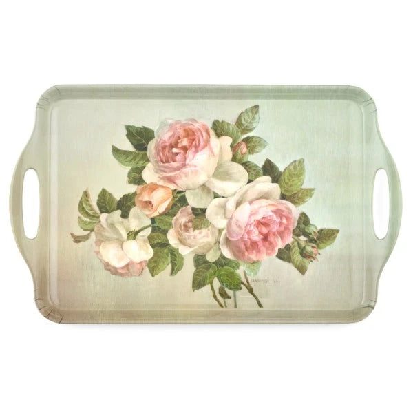 Large handled melamine tray with pink and white rose floral print, two side handles