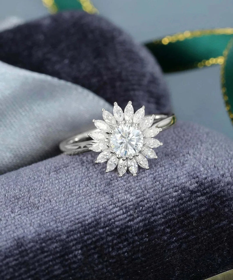 Sunflower halo wedding ring in silver with round center moissanite and petal accents