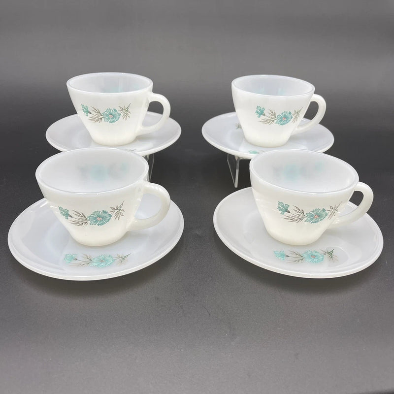 Vtg Fire King Oven Ware Blue Carnation Flower Coffee Cup Mug & Saucer Set Of 4 Carnation