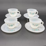 Vtg Fire King Oven Ware Blue Carnation Flower Coffee Cup Mug & Saucer Set Of 4 Carnation