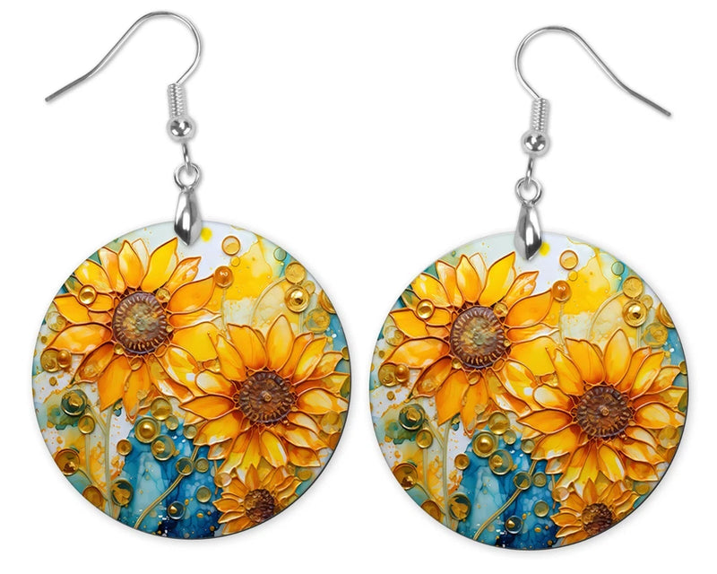 Sunflowers on Blue Round Printed Wood  Dangle Earrings Sunflower