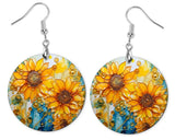 Sunflowers on Blue Round Printed Wood  Dangle Earrings Sunflower