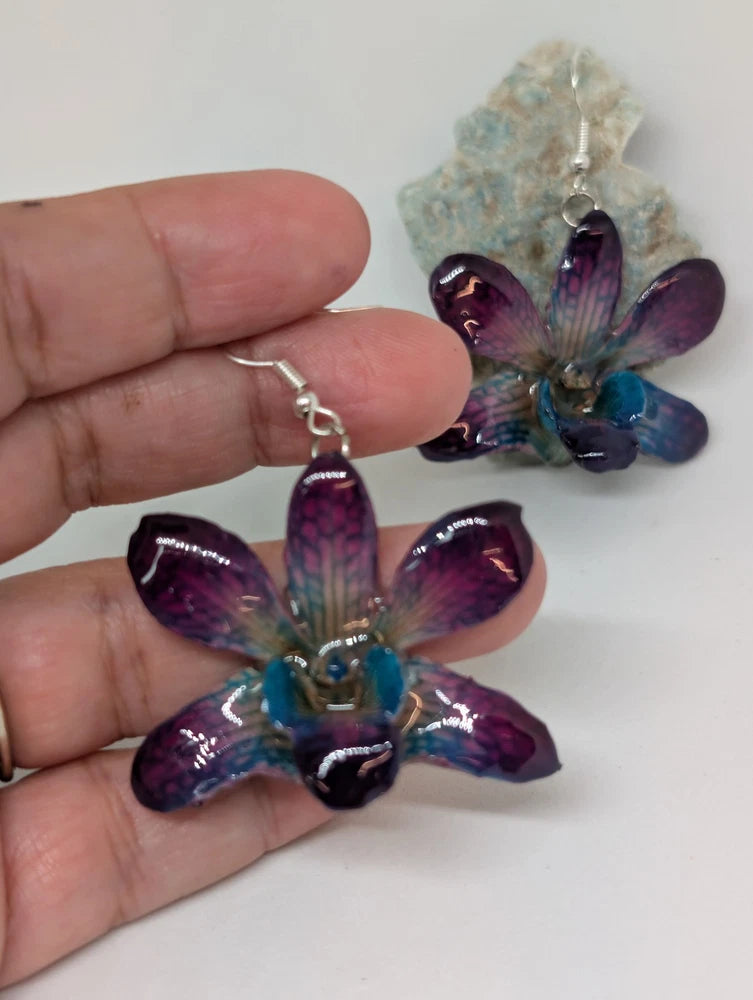 Mini Dendrobium Blue, Real Orchid in Resin Earrings Orchids