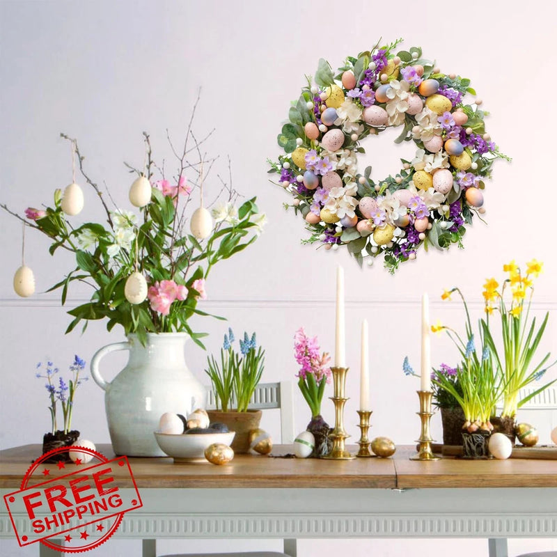 Easter Eggs Hydrangea Flower Wreath 20" Spring Lamb Ear Eggs Hydrangea