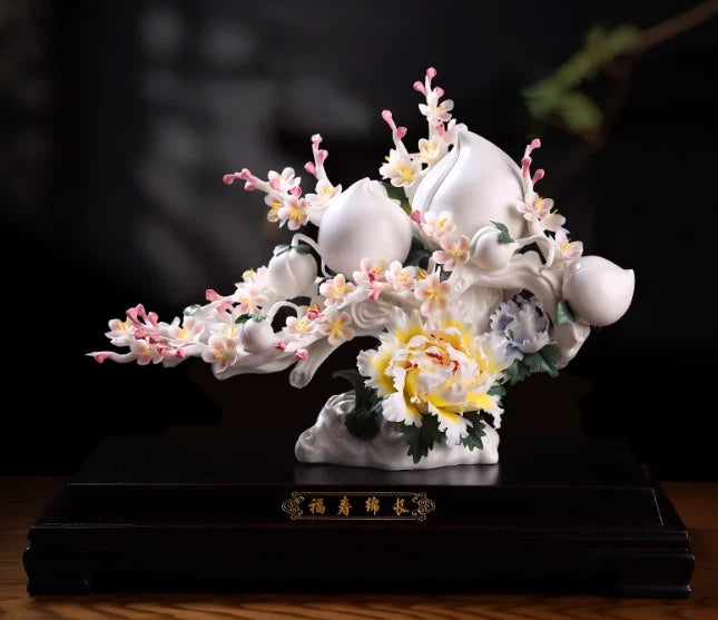 20.2 '' Chinese Dehua Color Porcelain Peach Tree Peony Flower Statue Sculpture Peony