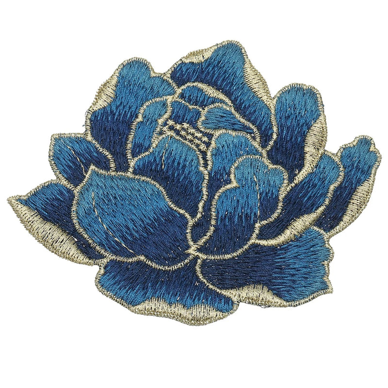 4.3" Peony Flower Embroidered Patch Appliques for Clothes, Dark Blue Peony