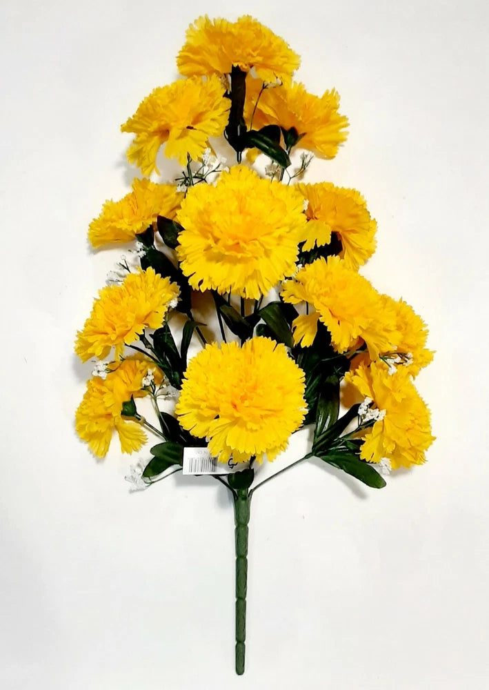 Yellow silk carnation flower bush with green leaves and stems