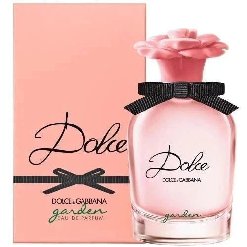 Dolce Garden Eau de Parfum spray bottle with pink liquid and black bow label
