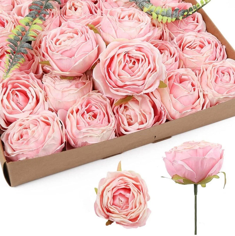 Pink dried silk rose heads set with multiple full blooms and stems