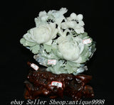 16" Chinese Natural Xiu Jade Carved Peony Flower Bird Animal Peach Statue Peony