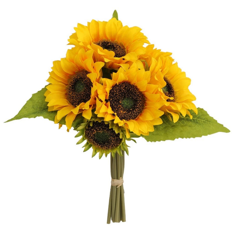 Artificial sunflower bouquet with multiple yellow blooms, dark centers, and green leaves