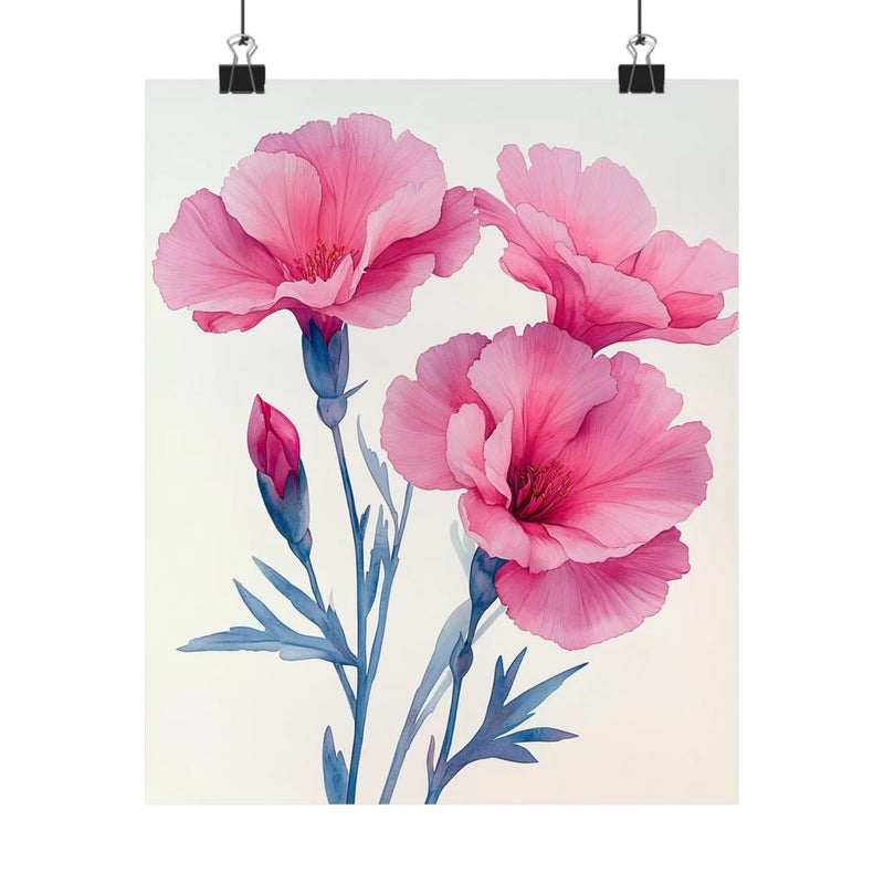 Pink carnation flower art print poster with three blooms and blue stems
