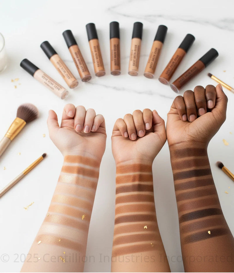 Full coverage hydrating concealer tubes with beige to brown shade swatches on skin