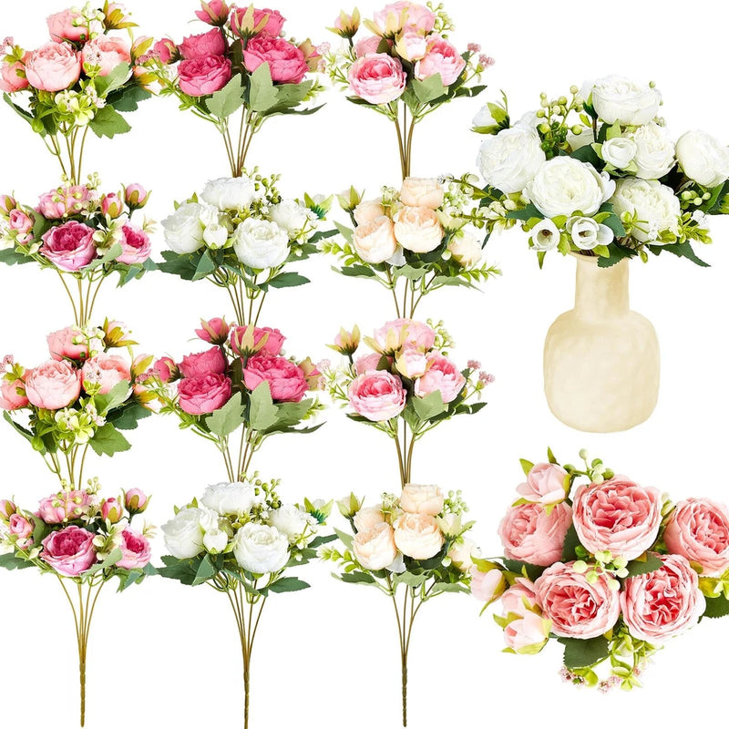 Artificial peony flower bouquets with pink and white blooms and green leaves