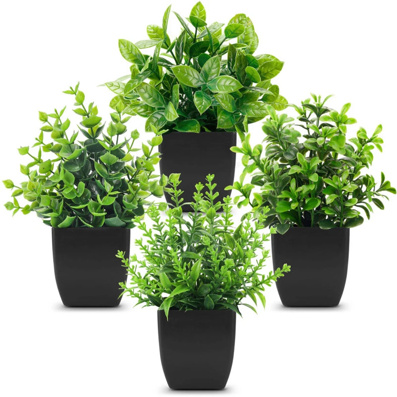 4 Pack Mini Artificial Greenery Potted Plants - Black Bathroom Decor, Halloween Green Plant