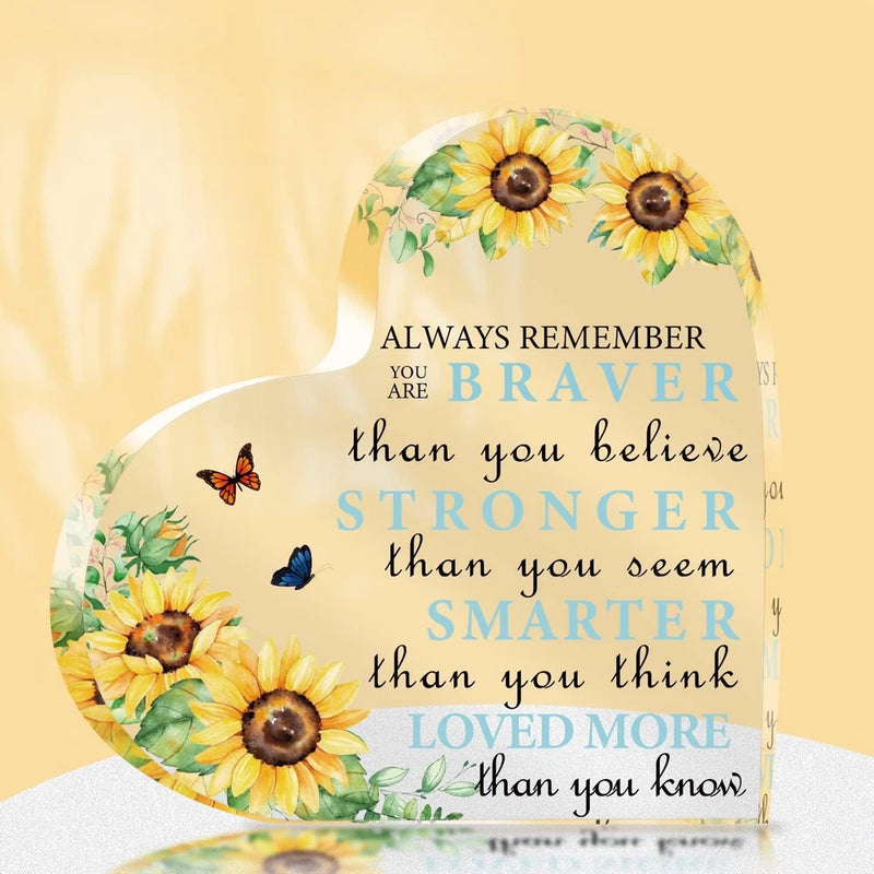 Heart-shaped sunflower acrylic decorative sign with butterflies and inspirational quote
