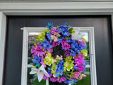 FLORAL one of a kind WREATH flowers Decor Front Door 16" purple blue pink new Hydrangea