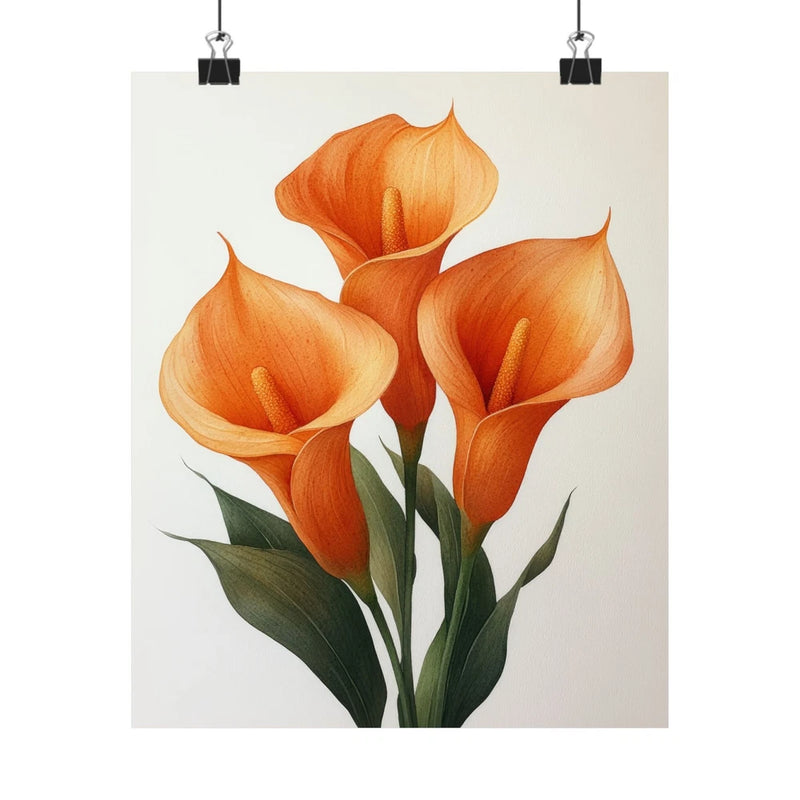 Orange calla lily flower art print poster with three blooms and green leaves