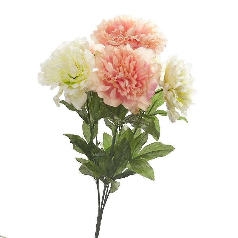 Artificial peony floral bush with pink and cream blossoms and green leaves