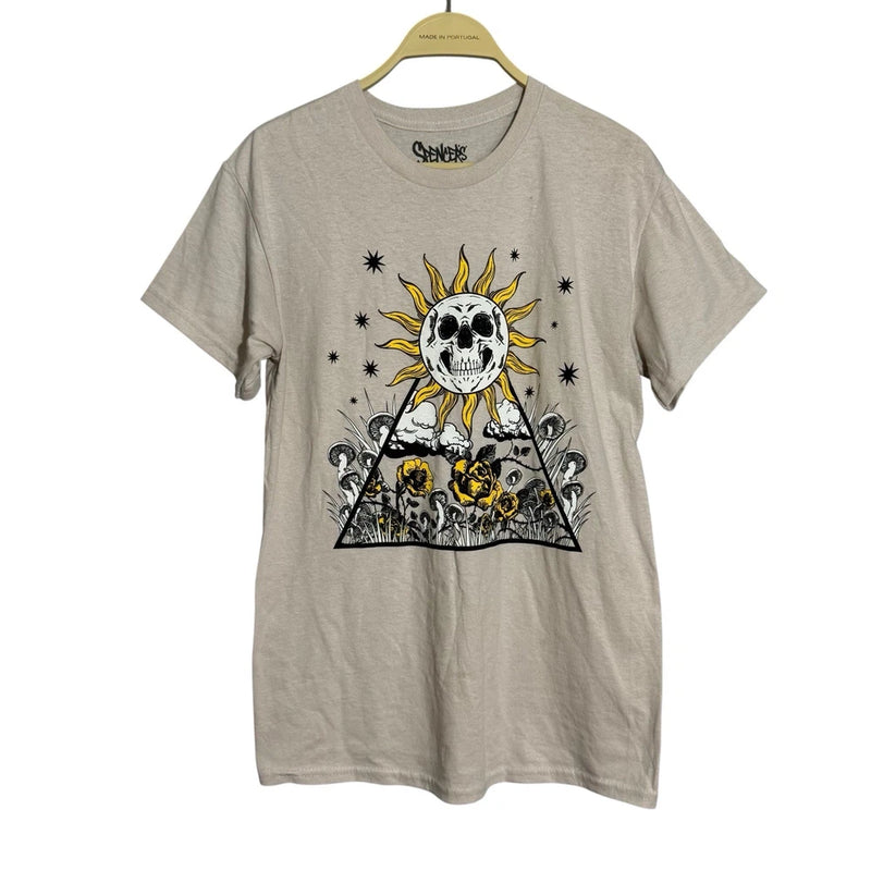 Men's light gray graphic skull T-shirt with yellow flower petal face print