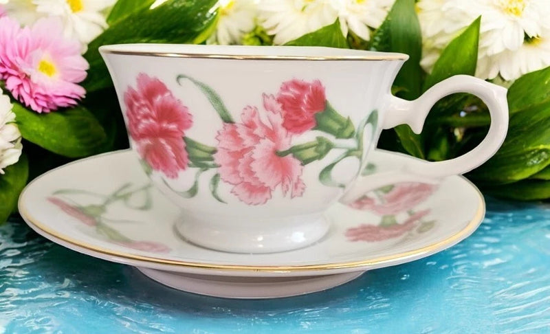 Vtg Mint AVON Blossoms of the Month Porcelain Teacup & Saucer JANUARY Carnation Carnation