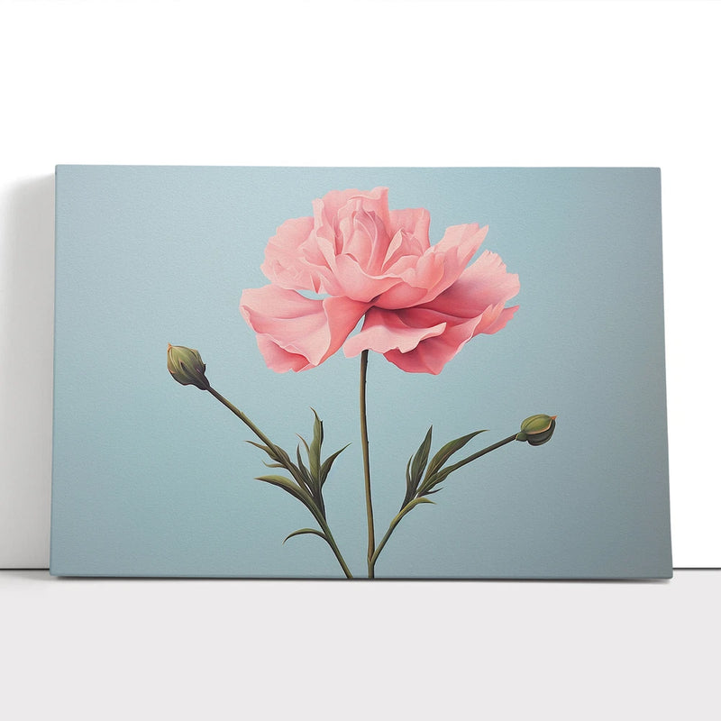 Pink peony flower canvas wall art with minimalist stem design