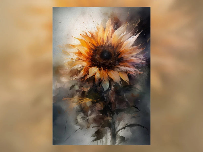 Matte watercolor sunflower print with orange petals and dark center, floral portrait