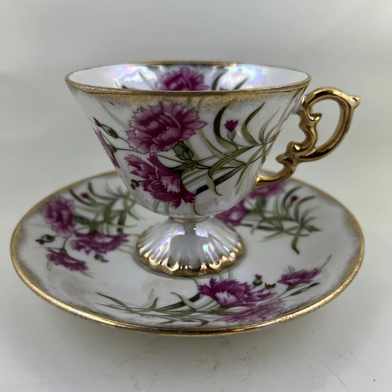 Vintage UCAGCO Gold Trim January Carnation Flower Footed TeaCup & Saucer Set Carnation